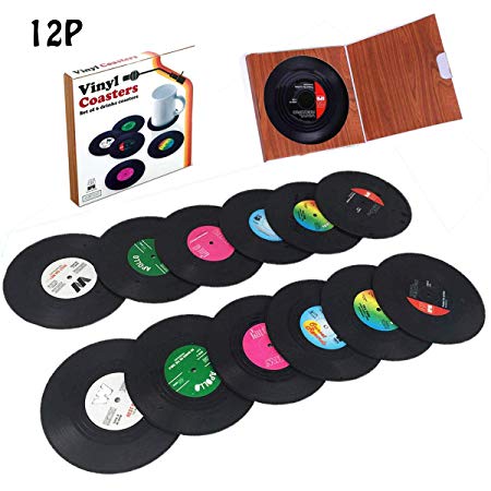 12 PCS Record Coasters for Drinks with Gift Box, Colorful Retro Vinyl Disk Coasters with Funny Labels, Prevent Furniture from Dirty and Scratched(4.2 Inch, Circle, Black)