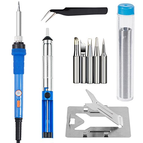 Vastar Soldering Iron Kit, 10 in 1 60W 110V with ON/OFF Switch, Temperature Adjustable, 5pcs Different Tips, Desoldering Pump, Stand, Anti-static Tweezers and Soldering Wire for Various Repaired Usage