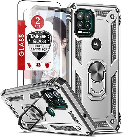 Moto G Stylus 5G Case, Motorola G Stylus 5G Case with [2 Pack] Tempered Glass Screen Protector, LeYi [Military Grade] Protective Phone Case Cover with Kickstand Ring for Motorola G Stylus 5G, Silver