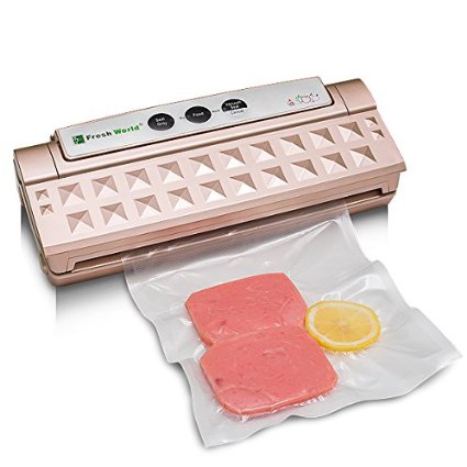 Fleck Automatic Food-saver Vacuum Sealer, Dry/ Moist Food Vacuum Sealing Preservation Packing Machine System with 10 Reusable Food Vacuum Sealer Bags for Home, Kitchen, Restaurant and Industrial Use (Gold)