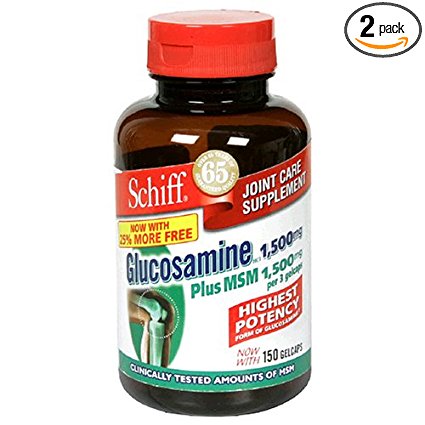 Schiff Glucosamine HCl 1500 mg Plus MSM 1500 mg Per 3 coated tablets, 150 coated tablets (Pack of 2)