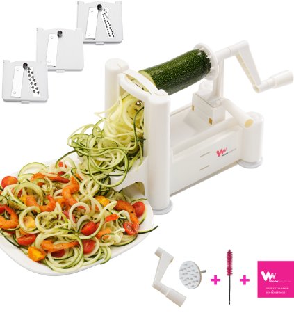 WonderVeg Vegetable Spiralizer - Tri Blade Spiral Slicer - Cleaning Brush Mini Recipe Book and 2 Spare Parts Included for Long-Lasting Service - Zucchini Spaghetti Pasta Noodle Maker