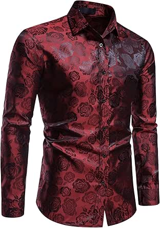 Panegy Men's Slim fit Floral Printed Button-Down Shirt Mens Floral Dress Shirt Long Sleeve Flower Patterned Shirt