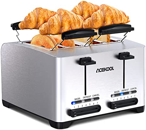 Toaster 4 Slice Stainless Steel, Extra-Wide Toaster Bread Toasting Slot Compact Toaster for Bread Waffle Bagel, 7 Toast Shade Settings Selector Reheat Defrost and Cancel Function Removable Crumb Tray 2 High Lift Lever 1500W