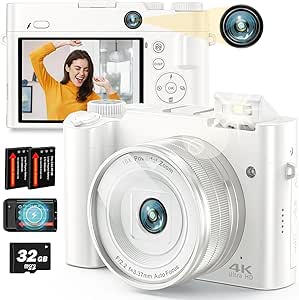 Newest 4K Digital Camera for Photography 64MP Selfie Camera with Front and Rear Dual Lens 16X Digital Zoom Compact Point and Shoot Cameras Vlogging Camera with 32G Card & 2 Batteries (White)