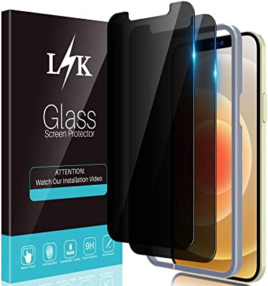 2 Pack LϟK Privacy Screen Protector Compatible for iPhone 12 and iPhone 12 Pro 5G 6.1 inch Tempered Glass High Clear, Case Friendly, Come with Installation Tray -Black