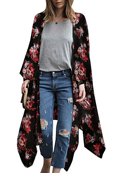 Relipop Women's Sheer Chiffon Blouse Loose Tops Kimono Floral Print Cardigan