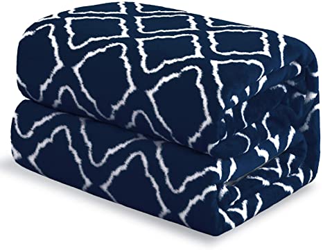 Bedsure Flannel Fleece Blanket Printed - Lattice Scroll - Blanket for Bed, Couch, Car, Office, Camping Travel and Gifts - King Size, 108 x 90 inches, Navy