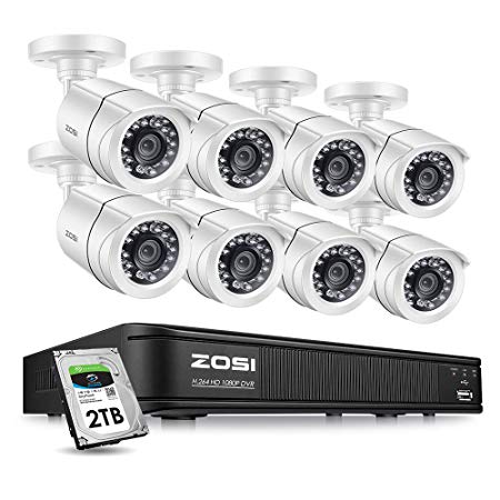 ZOSI 1080p Security Camera System for Home,CCTV DVR  8 Channel with Hard Drive 2TB and 4 x 1080p Surveillance Dome Camera Indoor/Outdoor,Remote Access, Customize Motion Detection