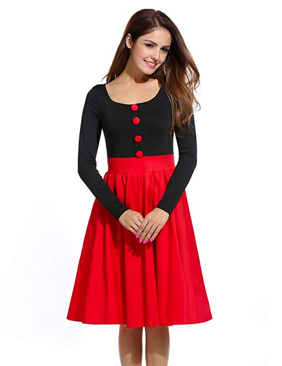 ACEVOG Women Vintage High Waist A-line Retro Casual Swing Dress