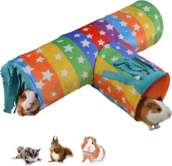 Pet Small Animal Tunnel,HOMEYA Guinea Pig Hideout Play Tube Toys Hideaway Bedding with Fleece Forest Curtain for Chinchillas,Hedgehogs,Rats,Sugar Glider-Removable Two Side Pad Cage Accessories-Rainbow