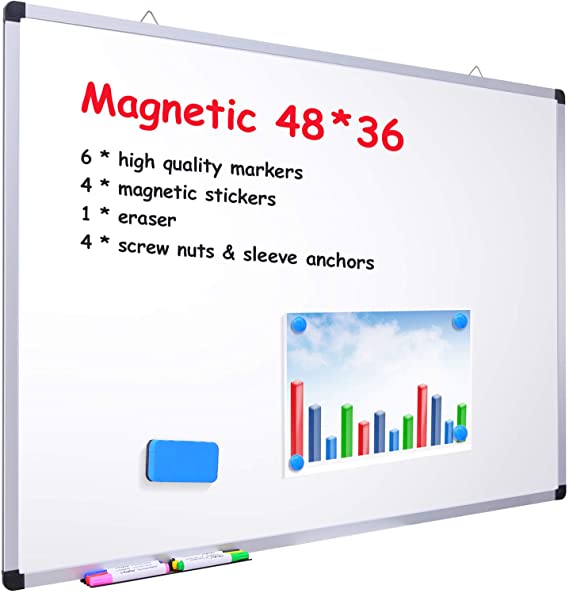 48" x 36" Dry Erase Board, Ohuhu Magnetic Large Whiteboard/White Board with 6 Color Dry Erase Markers, 4 x Magnetic Stickers, 1 x Eraser, 4 x Screw Nuts & Sleeve Anchors, Aluminum Frame, Silver