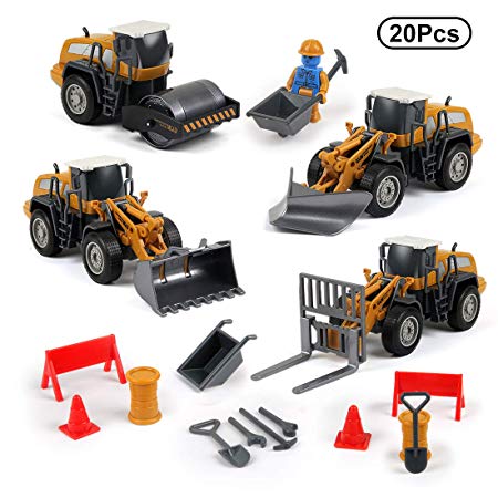 4-in-1 Take Apart Die Cast Car Toys,Construction Equipment Trucks Set with Equipment Vehicles, Builder, Roadblock, Cones and Accessories ,Pretend Engineering Game for Boys Girls Toddlers Kids