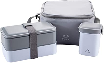 Mens Lunch Box for Adults 2 Tier Bento Box Set with Spoon Fork Shoulder Strap Insulated Lunch Bag Soup Mug Food Container Compartment Lunchbox On The Go Snack Box for Sandwich Meal Prep, Grey
