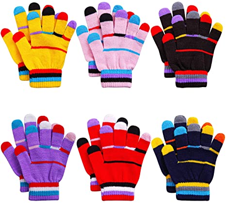 Cooraby 6 Pairs Kids Knitted Magic Gloves Teens Warm Winter Stretchy Full Fingers Gloves