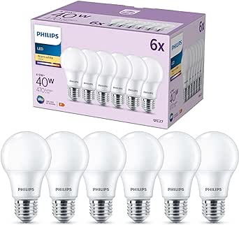 Philips pack de 6 ampoules LED E27, 40W, blanc chaud