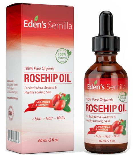 100 Pure Rosehip Oil - 2 OZ - Certified ORGANIC - Cold pressed and unrefined - NON Greasy HIGH absorbency - Use daily - Anti ageing nourishes hydrates and visibly reduces fine lines scars stretch marks and skin pigmentations - Suitable for all skin types - Edens Semilla Essential Skin Care