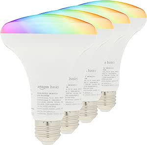 Amazon Basics Smart BR30 LED Light Bulb, 2.4 GHz Wi-Fi, 9W (Equivalent 60W), E26 Standard Base, Works and Dims with Alexa Only, Multicolor, 15,000 Hour Lifetime, 4-Pack