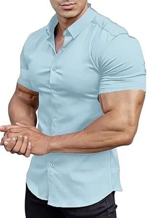 Men’s Muscle Fit Dress Shirts Athletic Slim Fit Short Sleeve Stretch Casual Button Down Shirt