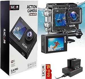 SJCAM SJ6Pro 4K60fps 24MP Dual Screen Action Cam mit WiFi, 6-aixs Gyroskop Stabilisator,165° FOV 8X Zoom, Unterwasser 30m Wasserdicht Kamera mit 2X 1000mAh/64G Karte/Fahrzeug Kits