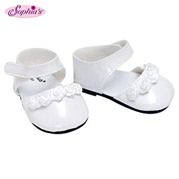 18 Inch Doll Dress Shoes fit for American Girl Dolls in White Patent Leather and Satin Rose Ribbon Trim, White Doll Dress Shoes