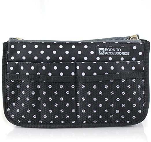 Handbag Purse Organizer in Premium Polyester - Sturdy Bag Insert with 13 Pockets (Large, Black White)