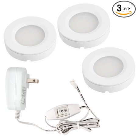 Set of 3 LED Under Cabinet Lighting Kit - 2Watt Warm White LED Puck Lights with UL-listed Power Adapter for Closet/Kitchen Cabinet/Under Counter Lighting (Surface & Recessed Mount)