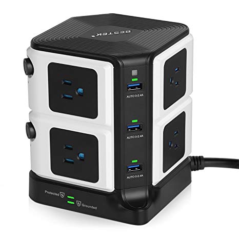 BESTEK 8-Outlet Power Bar 1500 Joules Surge Protector Power Strip with 40W 6-Port USB Charging Ports (Black and White)