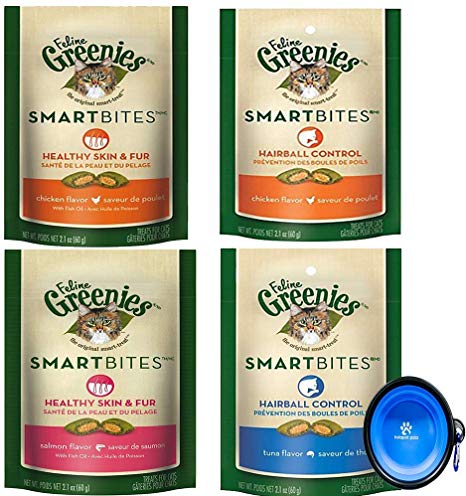 Greenies Feline SmartBites Treats for Cats Variety Bundle (4 Pack) Chicken, Tuna, Salmon Flavors (Hairball & Skin and Fur Control) with Hotspot Pets Collapsible Travel Bowl