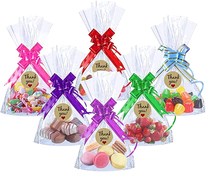 aovowog 100Pcs Clear Cellophane Treat Bags and Ties 10" X 6.5" Plastic Bags Block Bottom Storage Bags for Sweets Wedding Cookie Party Gift