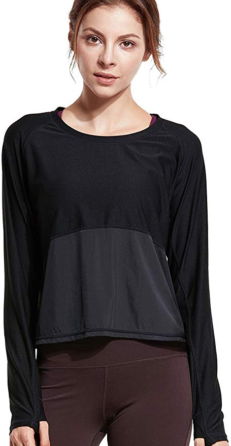 CRZ YOGA Women's UPF 50  UV/Sun Protection Mesh Long Sleeve Sport Cropped Shirts