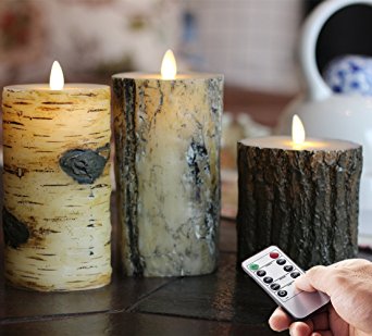 Set of 3 Pillar Different Style Birch Bark Effect Flat Top Flameless LED Wax Candles with Remote
