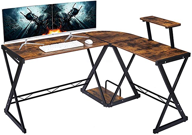 GreenForest L Shaped Desk 58" x 44" with Moveable Shelf, Studio Table Home Office Computer Corner Desk for Working Studying Gaming PC Workstation with CPU Stand, Brown