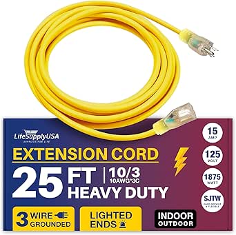 25ft Power Outdoor Extension Cord & Indoor - Waterproof Electric Drop Cord Cable - 3 Prong SJTW, 10 Gauge, 15 AMP, 125 Volts, 1875 Watts, 10/3 by LifeSupplyUSA - Yellow (1 Pack)