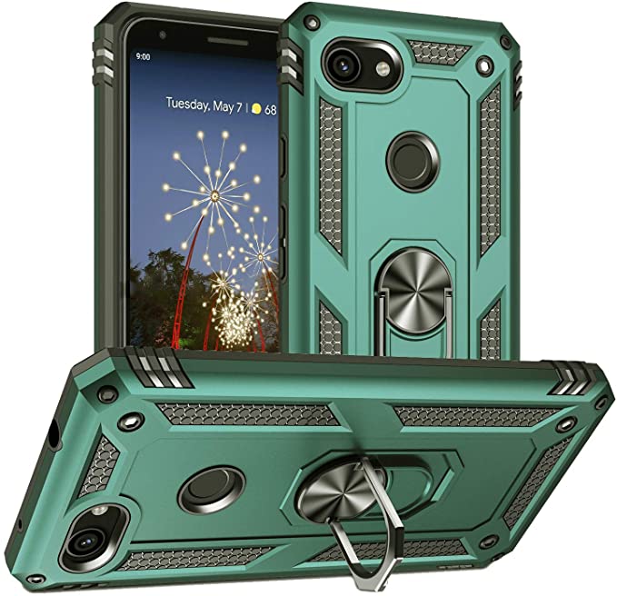 Pegoo Google Pixel 3a XL Case,Silicone Impact Resistant Hybrid Heavy Armor with Bracket Bumper Cover Case for Google Pixel 3a XL (Dark Green)