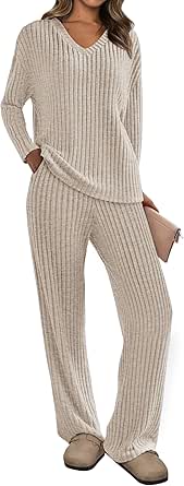 PRETTYGARDEN Women's 2 Piece Lounge Sets Ribbed Knit Long Sleeve V Neck Pullover Tops Wide Leg Pants Fall Winter Outfits