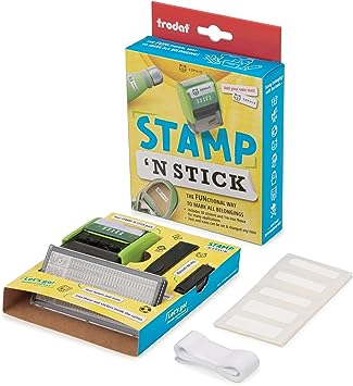 Trodat Stamp 'N Stick Clothes and Personal Belongings DIY Stamper, English Text with Special Characters – 3 Lines – Dermatologically Tested Ink, Dishwasher and Washing Machine Safe Ink
