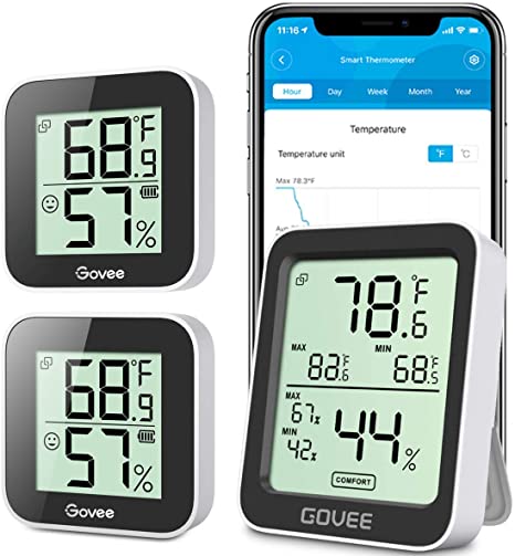 Bundle-3 Items: Govee Temperature Humidity Monitor 3 Pack, Indoor Room Thermometer Hygrometer with App Alert, Mini Bluetooth Digital Thermometer Humidity Sensor with Data Storage