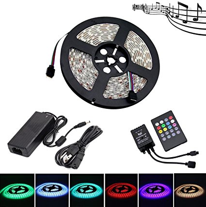 LEHOU Music LED Strip Lights,IP65 Waterproof 5050 SMD 300LEDs RGB Strip Light Kit,5M Multicolor Music Activated LED Rope Lights with 20 Key IR Music Controller   12V 6A Power Supply