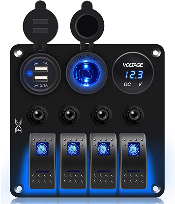 FXC Waterproof Marine Boat Rocker Switch Panel 4 Gang with 3.1A Dual USB Slot Socket   Cigarette Lighter  LED Voltmeter with Overload Protection for Car Rv Vehicles Truck (4 Gang Blue LED)