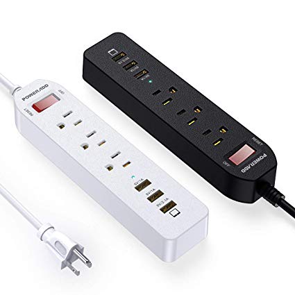 POWERADD Surge Protector Power Strip with 5ft Heavy Duty Cord, 3 Outlets with Smart USB Ports - 2 Pack (Black White)