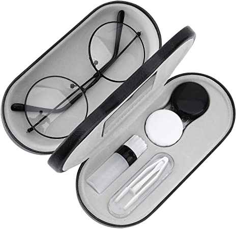 MoKo Double Eyeglass Case, Contact Lens Case with Mirror Tweezers Remover, 2 in 1 Double Sided Portable Contact Lens Box Holder Container Soak Storage Kit Sunglasses Pouch for Men & Women, Black