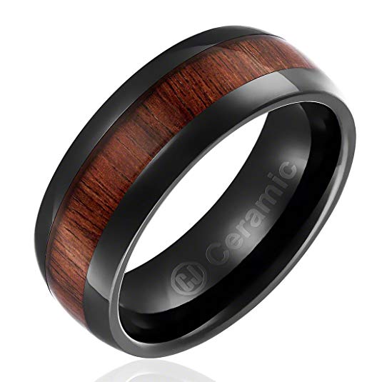 8MM Comfort Fit Jewelry Grade Black Ceramic Wedding Band | Black Engagement Ring with Dark Wood Inlay | Domed Top