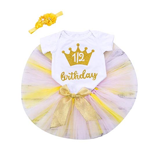 LNGRY 3Pcs Infant Baby Girls Birthday Outfits Tutu Skirts Jumpsuit Headband Set