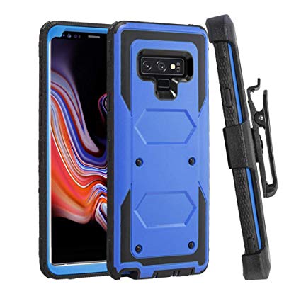 WFive Samsung Galaxy Note 9 Case [Full Cover Tempered Glue Screen Protector], [Heavy Duty] Armor Shock Proof [Belt Clip] Holster [Kickstand] Combo Rugged Case for Samsung Galaxy Note 9 (Blue)