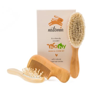 Quality Wooden Baby Hair Brush Set - Premium Brushes and Comb by Natemia - Natural Soft Bristles - Perfect Baby Registry Gift