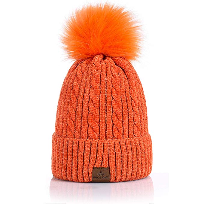 PAGE ONE Women Winter Pom Pom Beanie Hats Warm Fleece Lined,Chunky Trendy Cute Chenille Knit Twist Cap