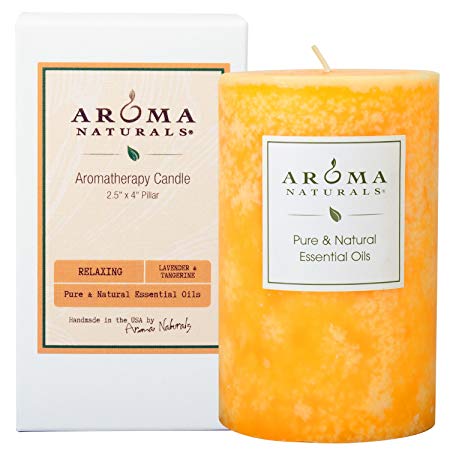Aroma Naturals Essential Oil Lavender & Tangerine Scented Pillar Candle, Relaxing, 2.5 inch x 4 inch