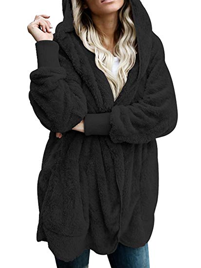 iChunhua Womens Furry Open Front Hooded Cardigan Jacket Coat Outwear with Pocket