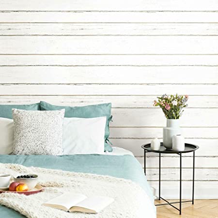 RoomMates RMK11240WP White Shiplap With Textured Ink Peel and Stick Wallpaper